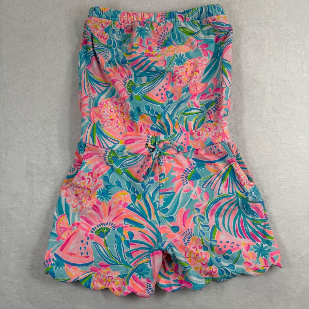 Lilly Pulitzer Donna Strapless Romper XS Pink Blue Floral Scalloped French Terry